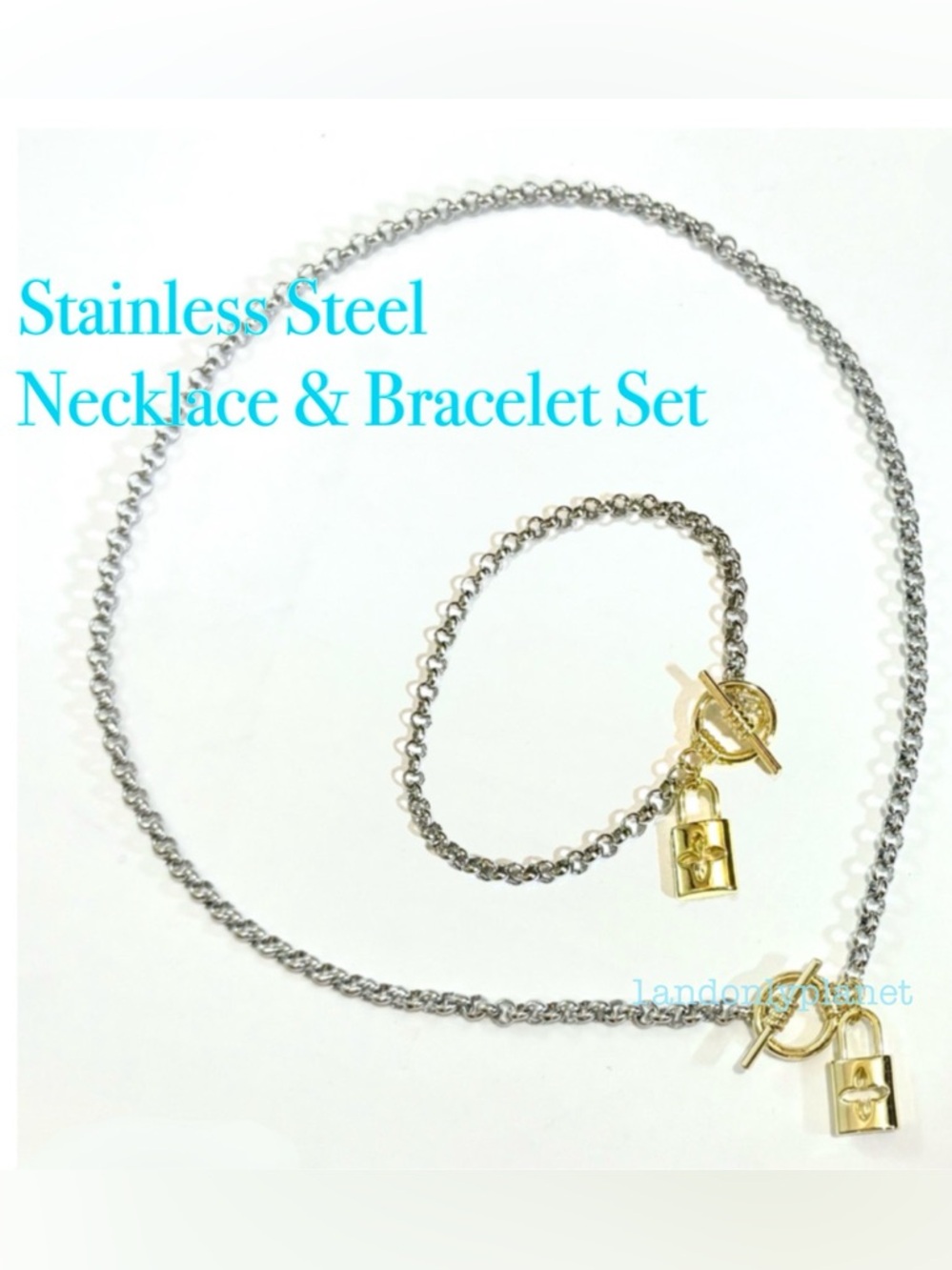 Last Set❣️Gold Lock Charm Necklace & Bracelet Stainless Steel ChainOR 915 Silver